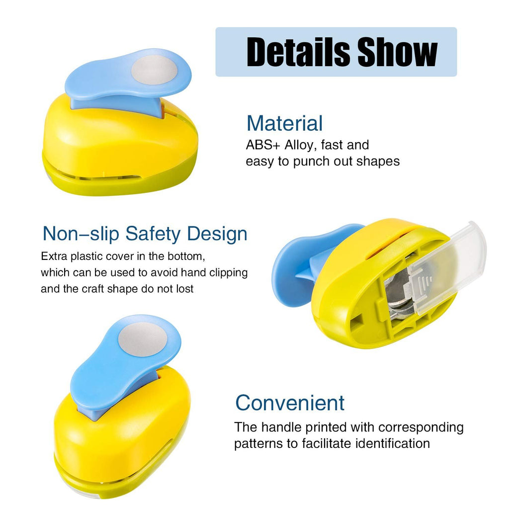 Yellow and blue craft hole punchers shown from multiple angles with text details about material, design, and convenience.