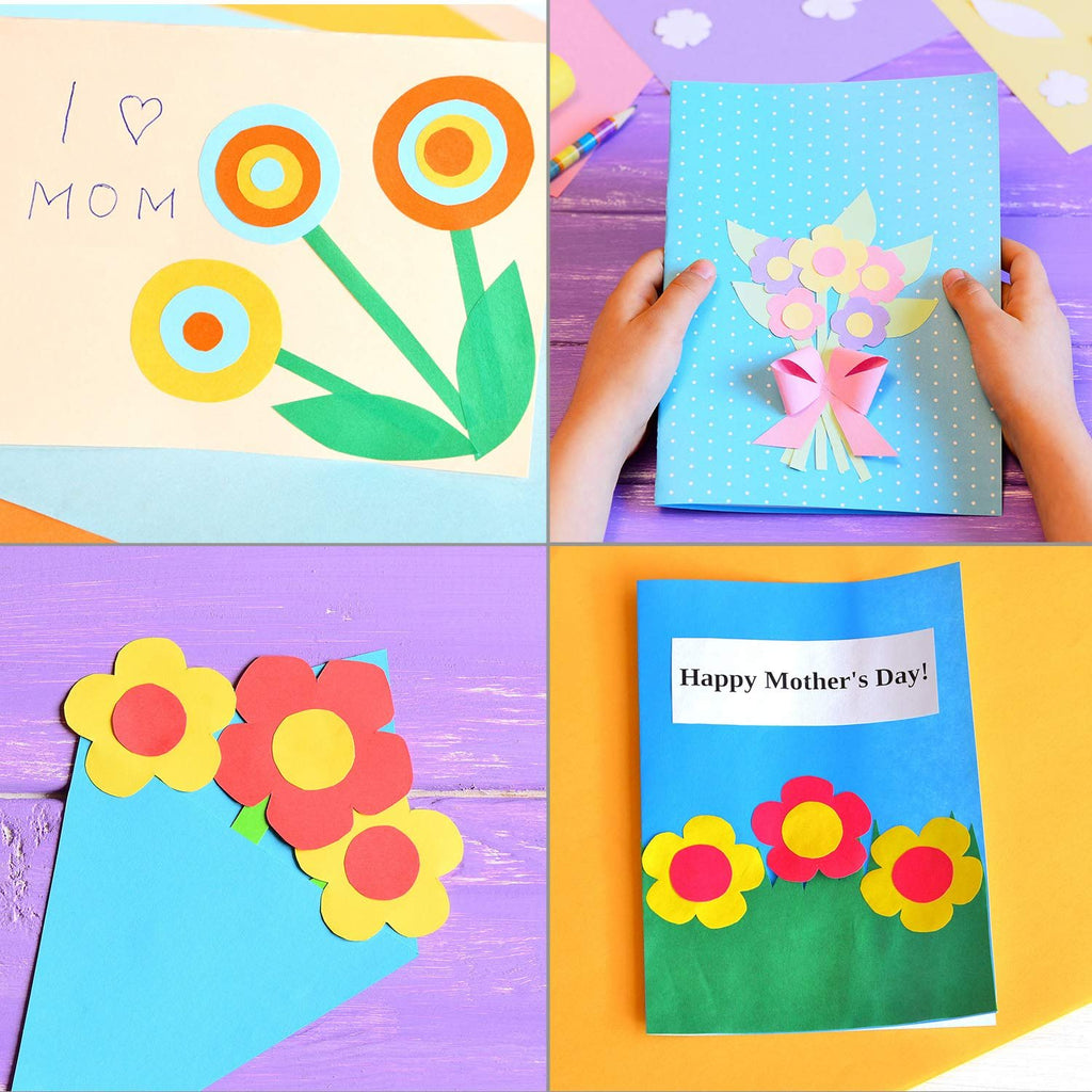 Collage of four paper crafts: a card with flowers and 'I love MOM', a blue card with a flower bouquet held by hands, a blue paper with three flowers, and a blue card with 'Happy Mother's Day!' text and flowers.