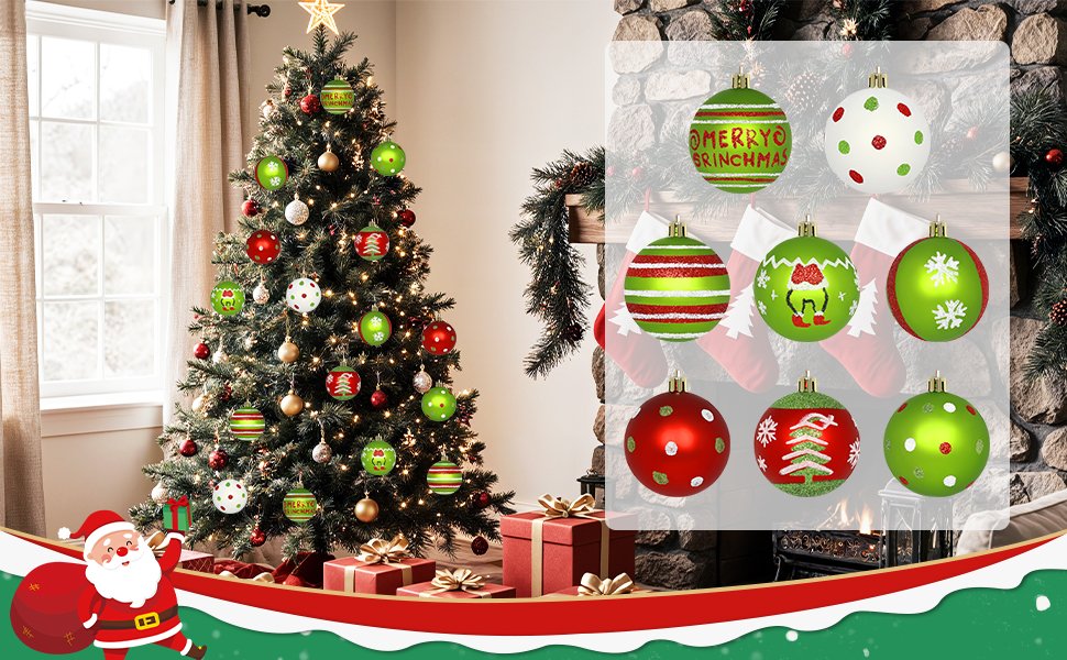 Christmas tree decorated with red and green ornaments, with a display of nine additional ornaments on a fireplace mantel.
