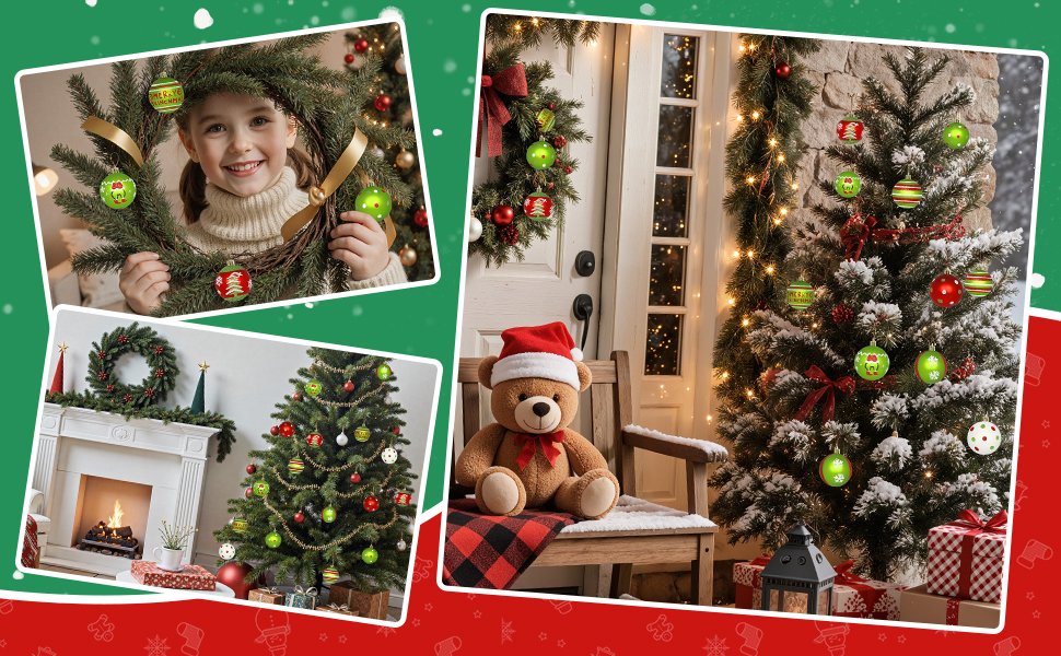Collage of Christmas scenes featuring red and green glittery ornaments on trees, wreaths, and a fireplace mantel.
