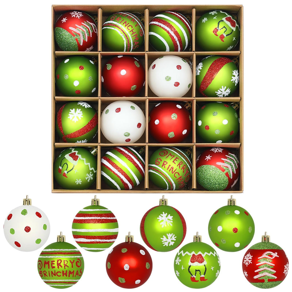Set of 16 glittery red and green Christmas tree ornaments in a cardboard box and displayed individually below.