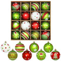 Set of 16 glittery red and green Christmas tree ornaments in a cardboard box and displayed individually below.