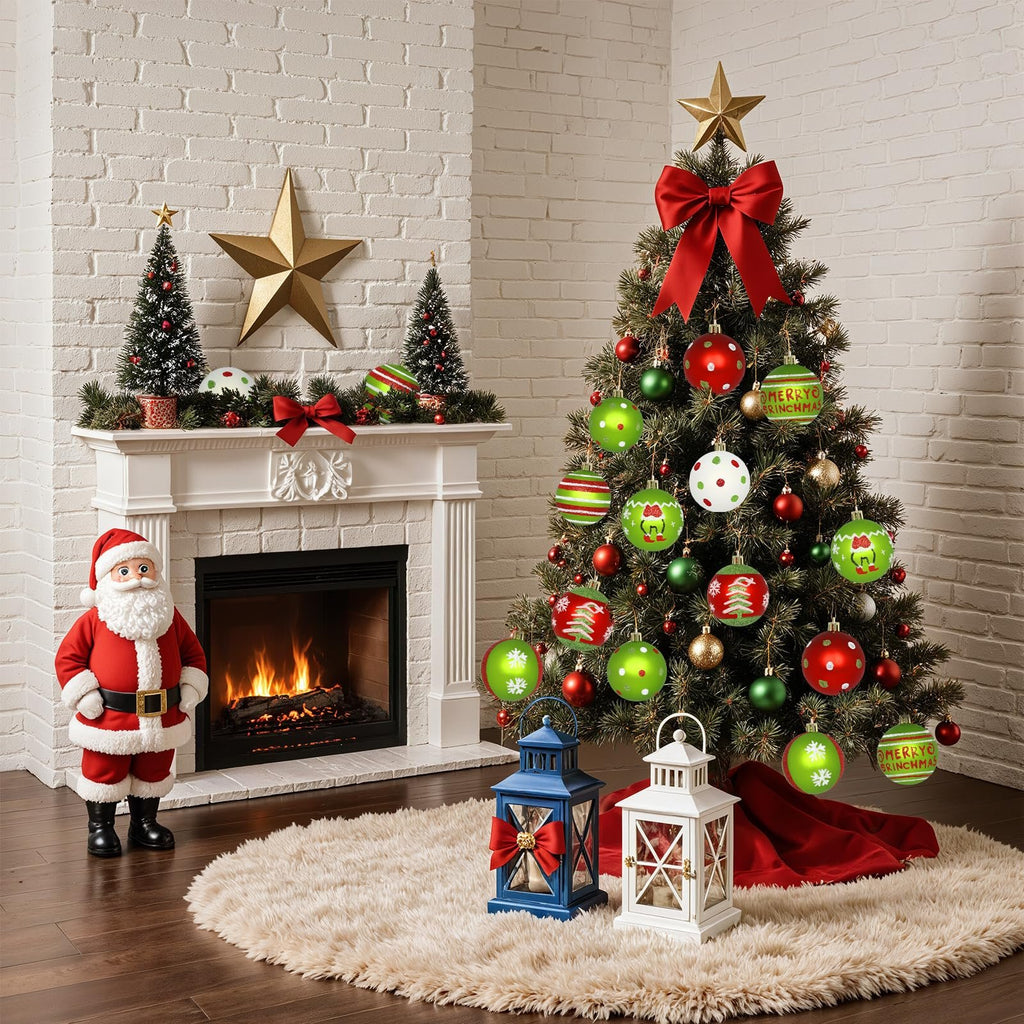 Christmas tree decorated with red and green ornaments, a fireplace with Santa, and two lanterns on a rug.