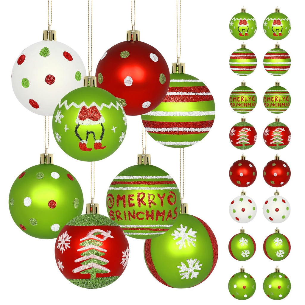 Collection of 16 red and green glittery Christmas tree ornaments, various designs including polka dots, stripes, and Grinch characters.
