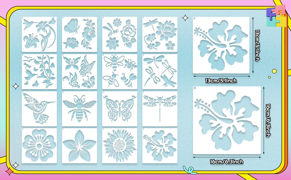 Set of 16 reusable painting stencils with butterfly, hummingbird, sunflower, bee, and dragonfly designs, shown in a grid layout with two larger hibiscus stencils on the right.