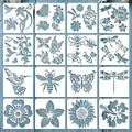Set of 16 reusable painting stencils featuring butterflies, hummingbirds, sunflowers, and dragonflies on a blue wood background.