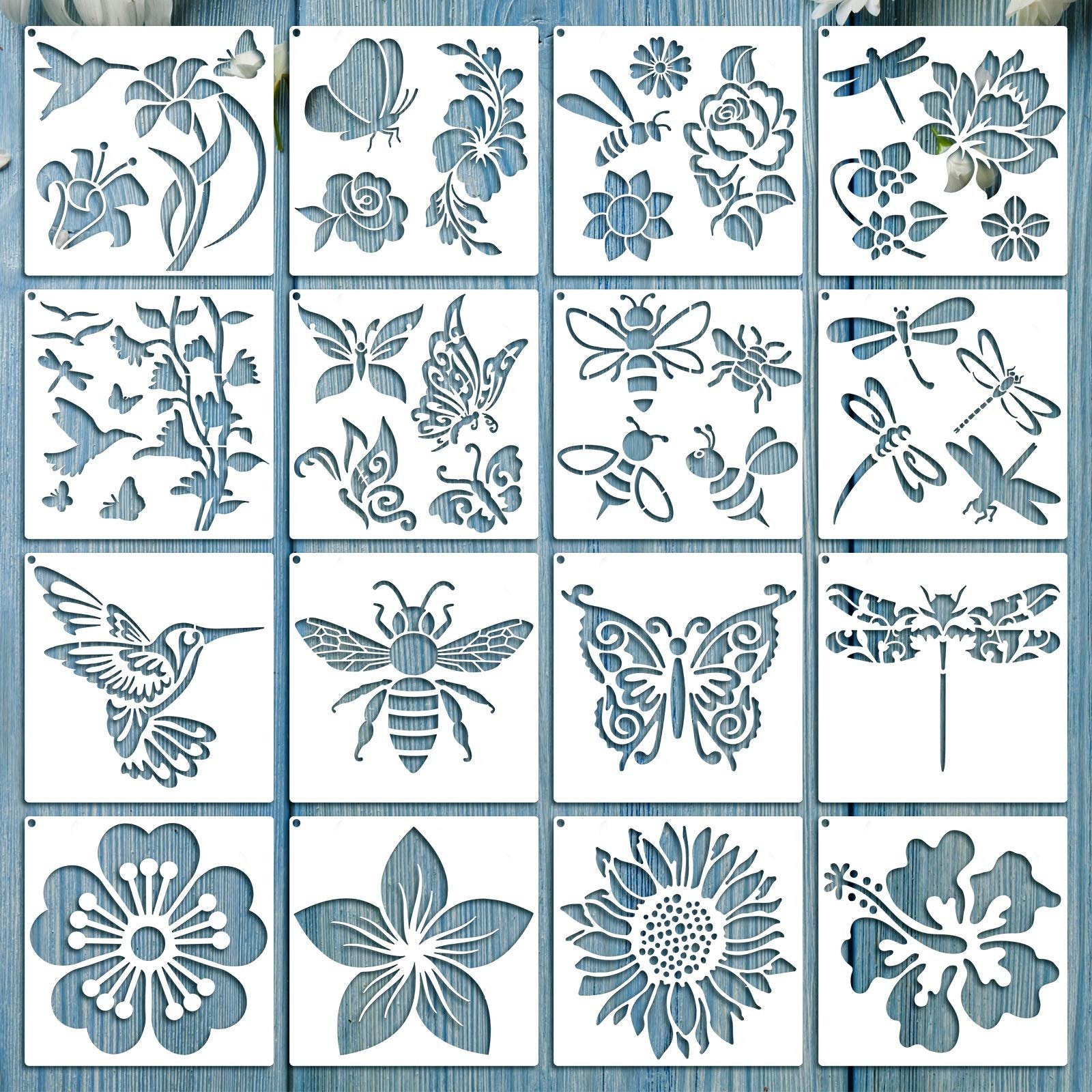 Set of 16 reusable painting stencils featuring butterflies, hummingbirds, sunflowers, and dragonflies on a blue wood background.