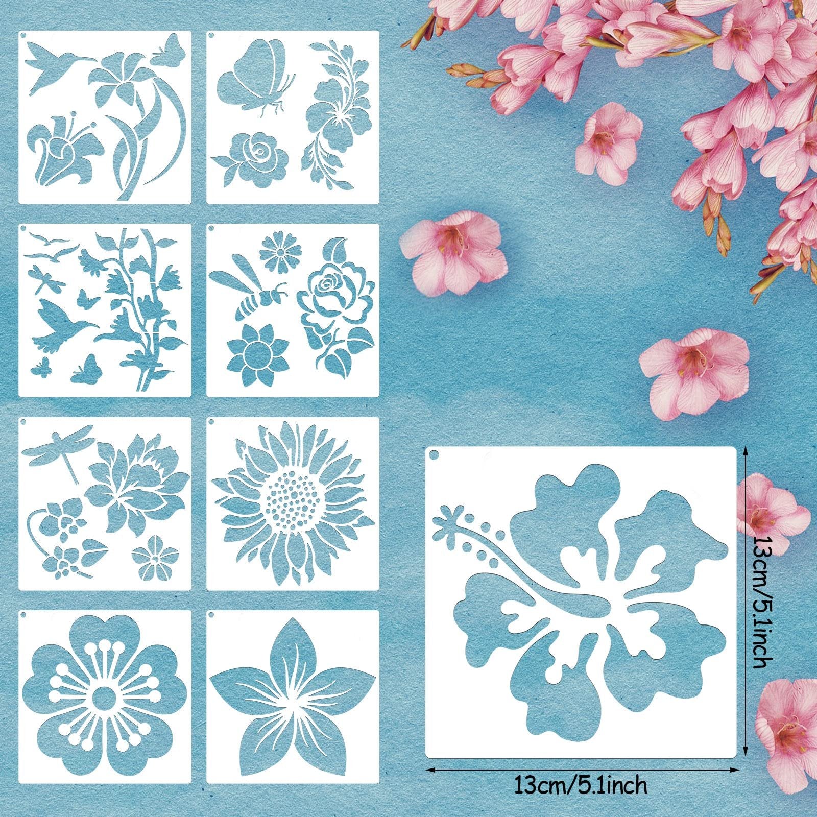 Set of 16 reusable painting stencils with butterfly, hummingbird, sunflower, and floral designs, shown on a blue textured background with pink flowers.