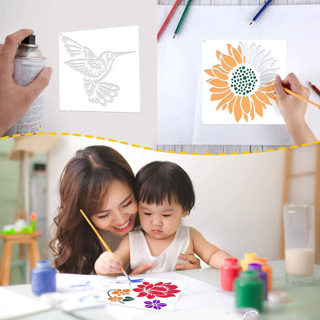 Mother and child painting with stencils, hummingbird and sunflower designs shown