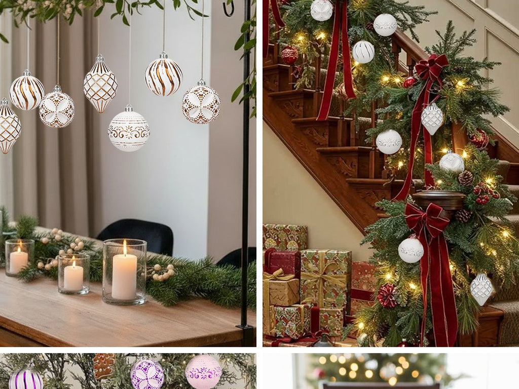 Assorted white and bronze hand-painted Christmas ornaments hanging above a decorated dining table and staircase.