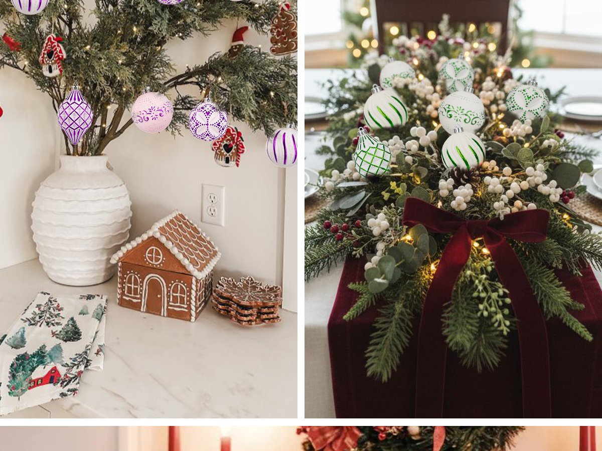 Christmas ornaments in assorted sizes and colors displayed in festive holiday settings.
