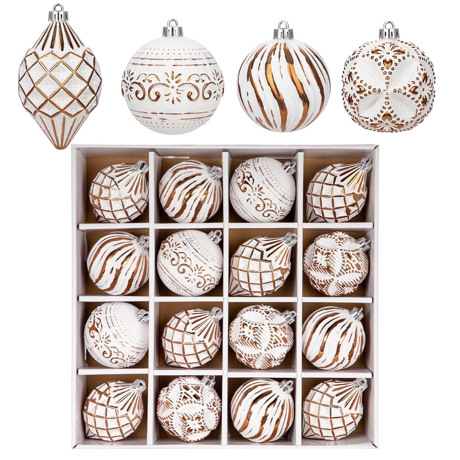 Set of 16 shatterproof Christmas ball ornaments in white with bronze hand-painted designs, arranged in a box with four individual ornaments above.
