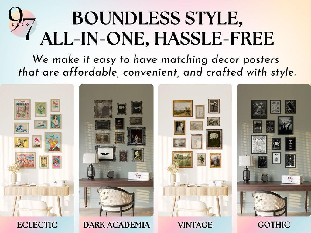 Four different gallery wall arrangements displayed above desks: Eclectic, Dark Academia, Vintage, and Gothic styles.