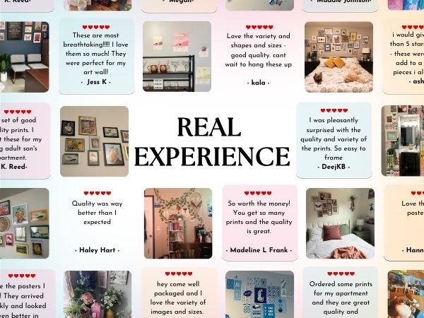 Collage of customer photos and testimonials for vintage botanical print sets, featuring framed and unframed wall decor.