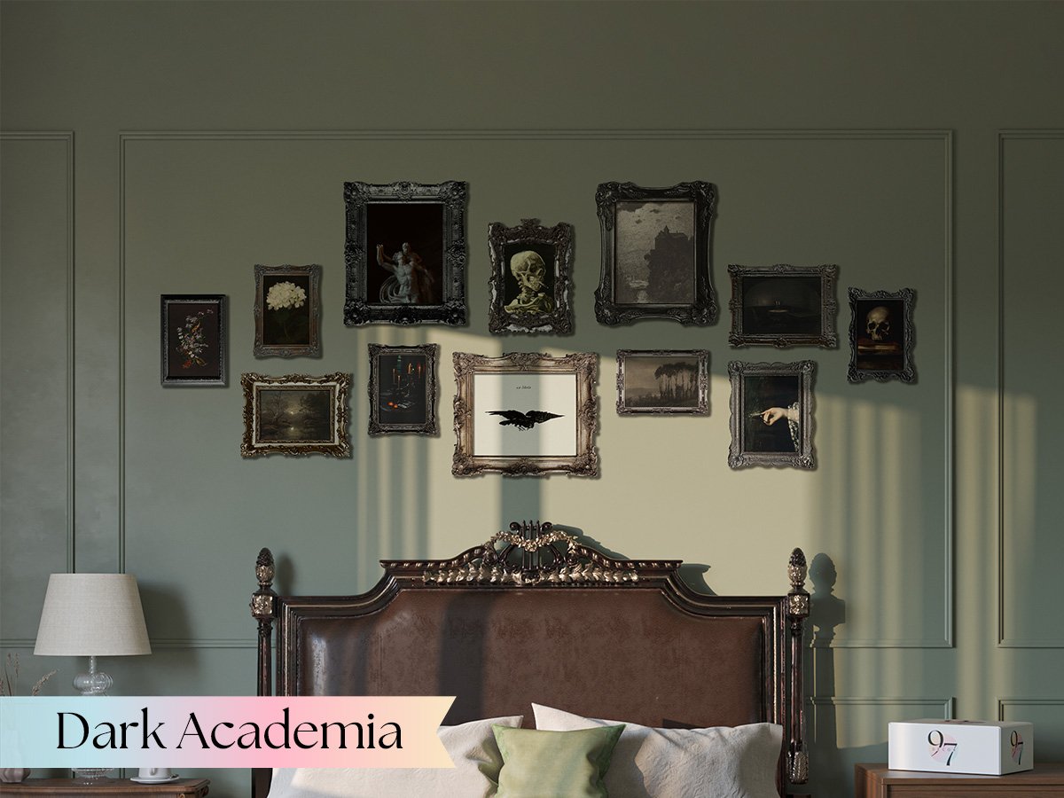 Gallery wall of dark academia art prints above a bed, featuring skulls and vintage scenes.