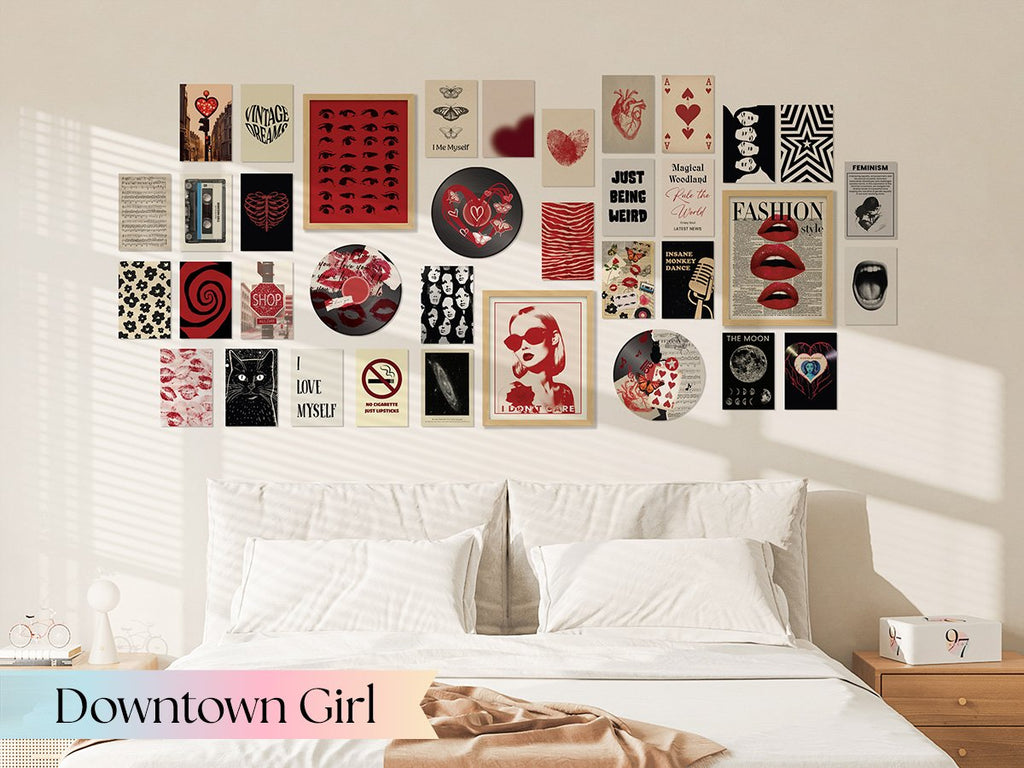 Collage of vintage-style art prints displayed on a wall above a bed, featuring various designs like eyes, lips, and text.