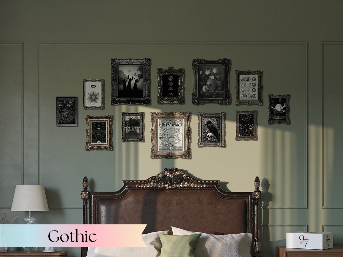 Gallery wall of 11 framed gothic-themed prints above a bed, with a decorative banner reading 'Gothic' at the bottom.