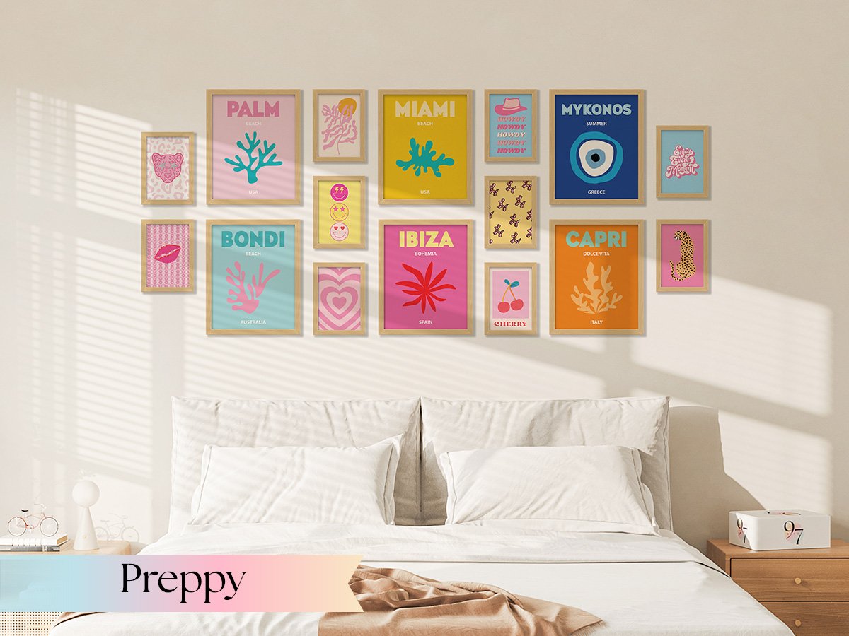 Gallery wall of colorful framed prints above a bed, featuring destinations like Palm Beach, Miami, Mykonos, Ibiza, Bondi, and Capri.