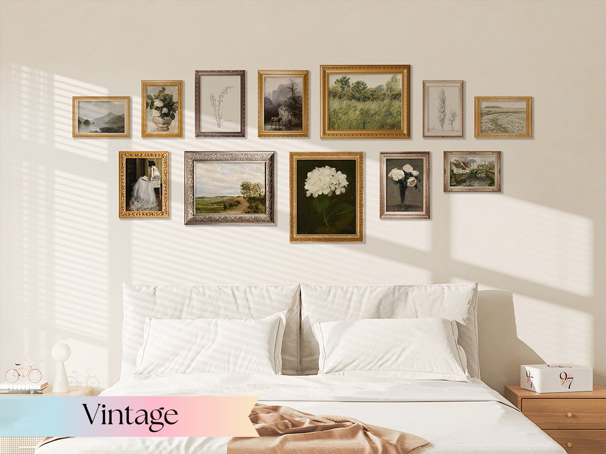 Gallery wall of 11 framed vintage botanical prints above a bed, featuring landscapes and floral arrangements.