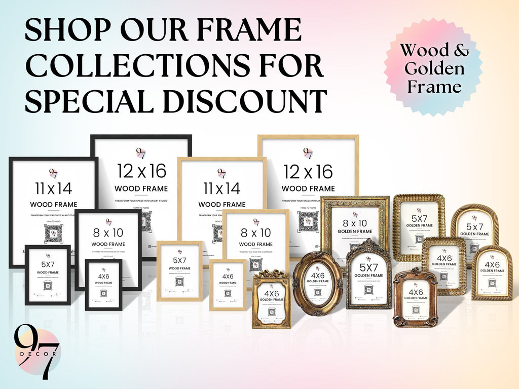 Assortment of wood and golden picture frames in various sizes, displayed on a gradient background.