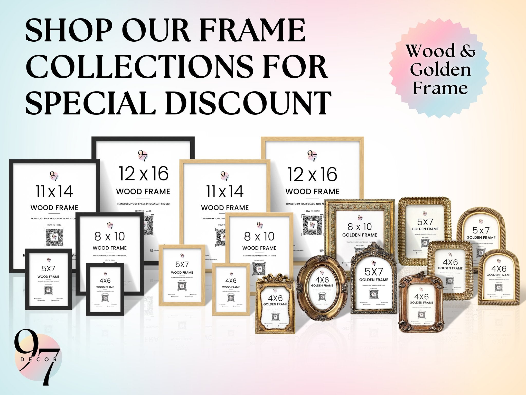 Assortment of wood and golden picture frames in various sizes, displayed on a gradient background.