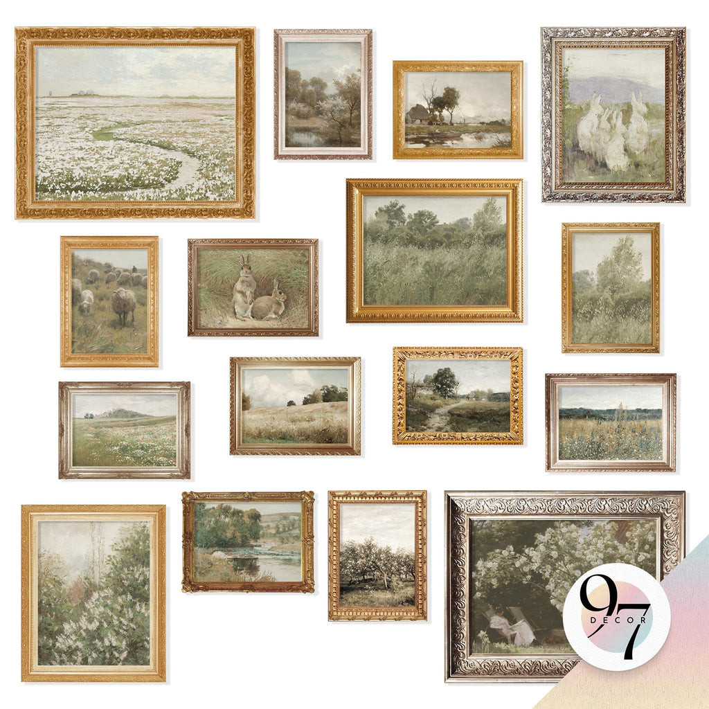 Collection of 16 framed vintage botanical prints featuring landscapes, sheep, and rabbits.