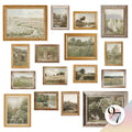 Collection of 16 framed vintage botanical prints featuring landscapes, sheep, and rabbits.