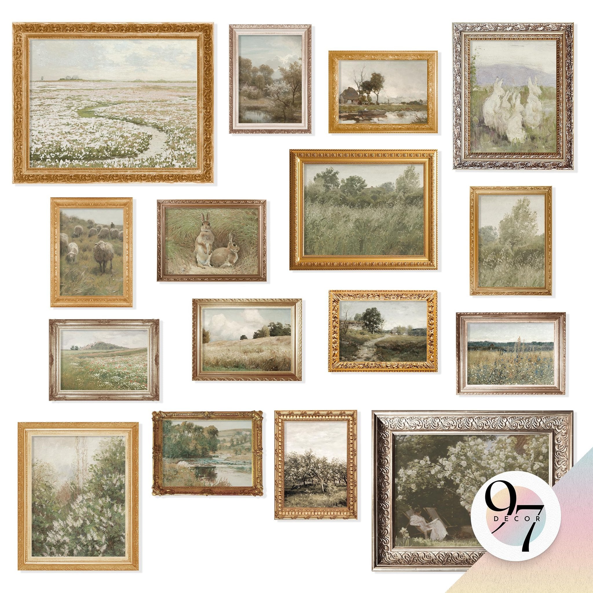 Collection of 16 framed vintage botanical prints featuring landscapes, sheep, and rabbits.