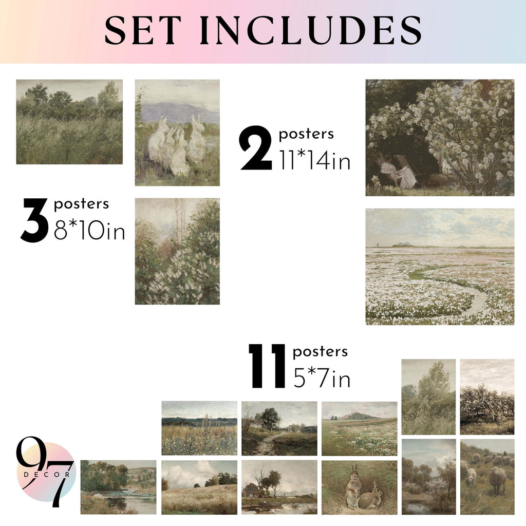 Set of vintage botanical prints showing landscapes, rabbits, and sheep, with size and quantity callouts.