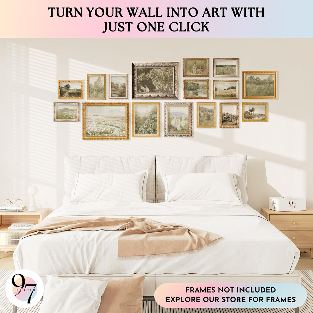 Bedroom scene with a collection of vintage botanical prints displayed above a bed. A bedside table with a lamp and books is visible.