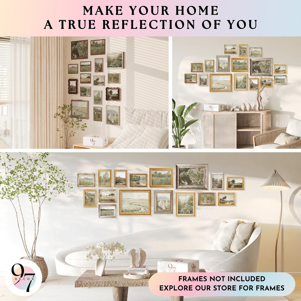 Collage of vintage botanical prints displayed in various room settings, showcasing farmhouse and French country decor styles.