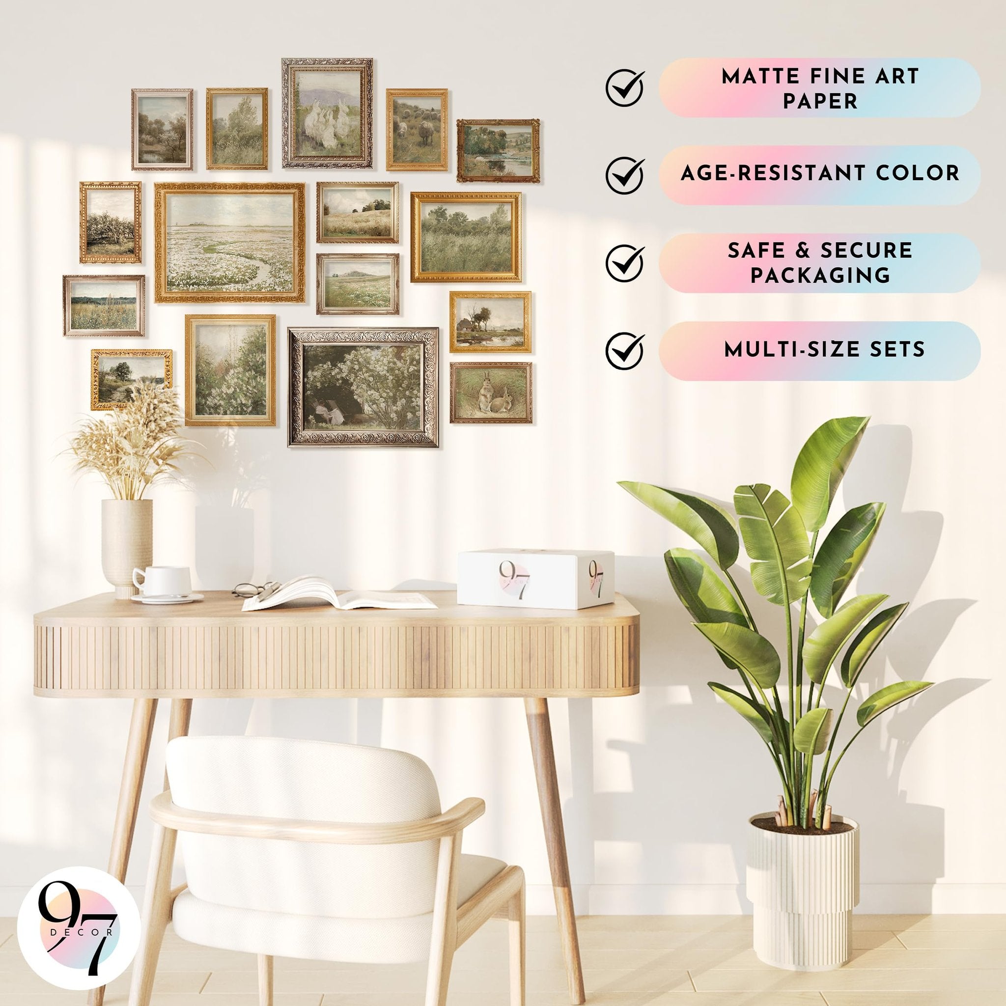 Vintage botanical print set displayed on a wall above a desk with a chair and plant.