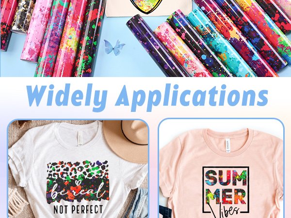Rolls of watercolor splash heat transfer vinyl and two t-shirts with designs applied