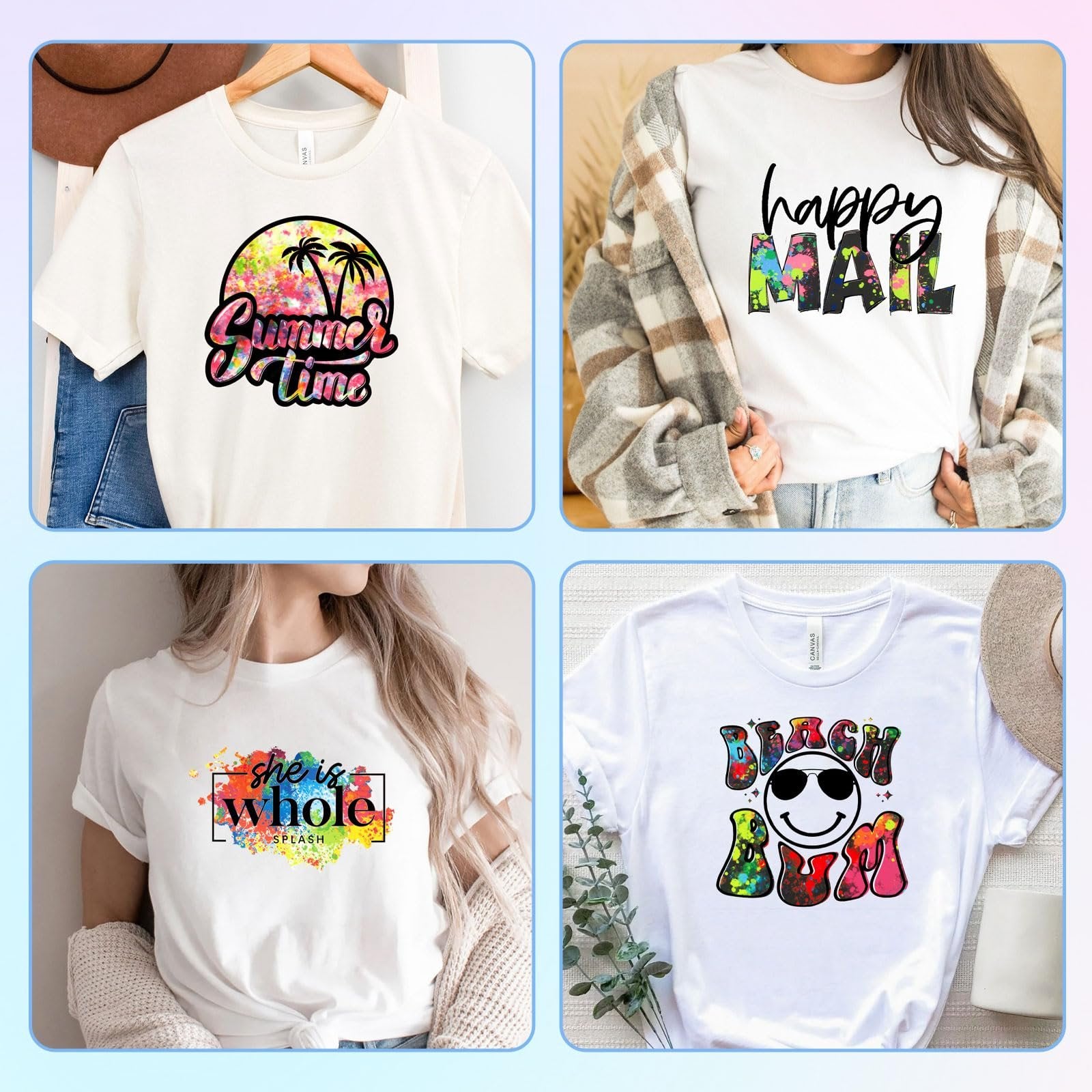 Four white t-shirts with colorful graphic designs, including summer themes and inspirational quotes.