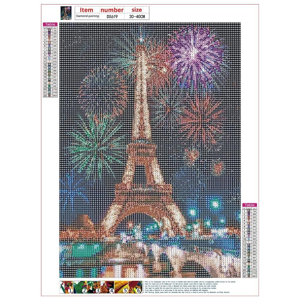 Diamond painting kit featuring the Eiffel Tower with fireworks and a city skyline at night.