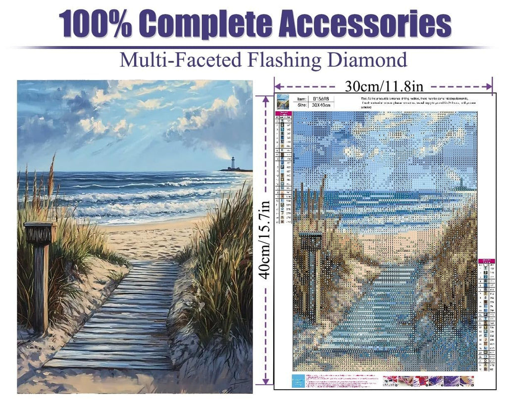Diamond painting kit showing a beach path leading to a lighthouse, with a diagram of the painting and its dimensions.