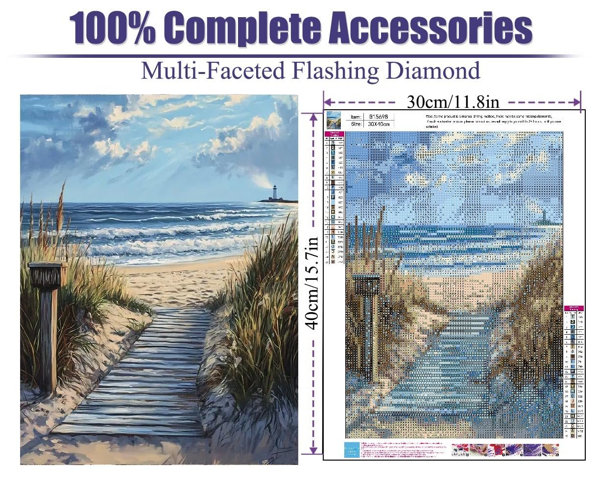 Diamond painting kit showing a beach path leading to a lighthouse, with a diagram of the painting and its dimensions.