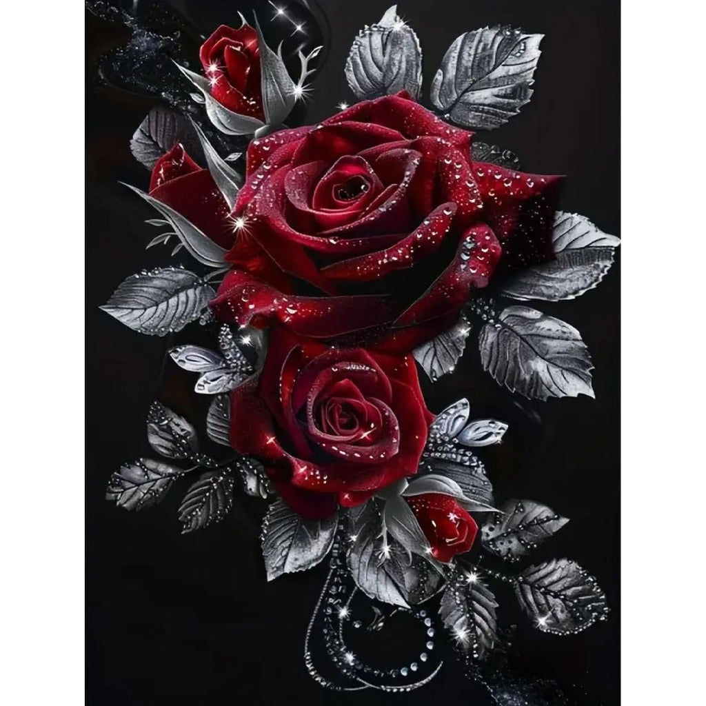 Diamond painting kit featuring deep red roses with dew drops and silver-toned leaves against a black background.