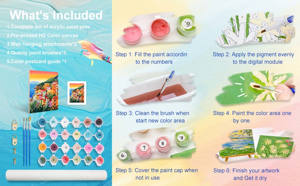 Paint by numbers kit contents and step-by-step instructions with acrylic paints, canvas, brushes, and hanging hardware.