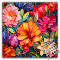 Paint by numbers kit with colorful floral design and paint pots with numbers, brushes visible.