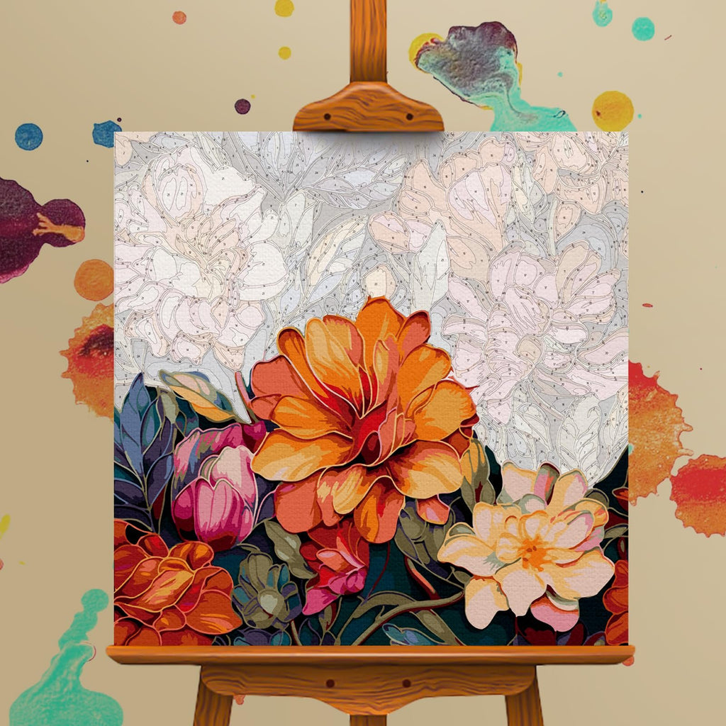 Paint by numbers canvas showing a vibrant floral arrangement with orange, pink, and yellow flowers on a wooden easel.