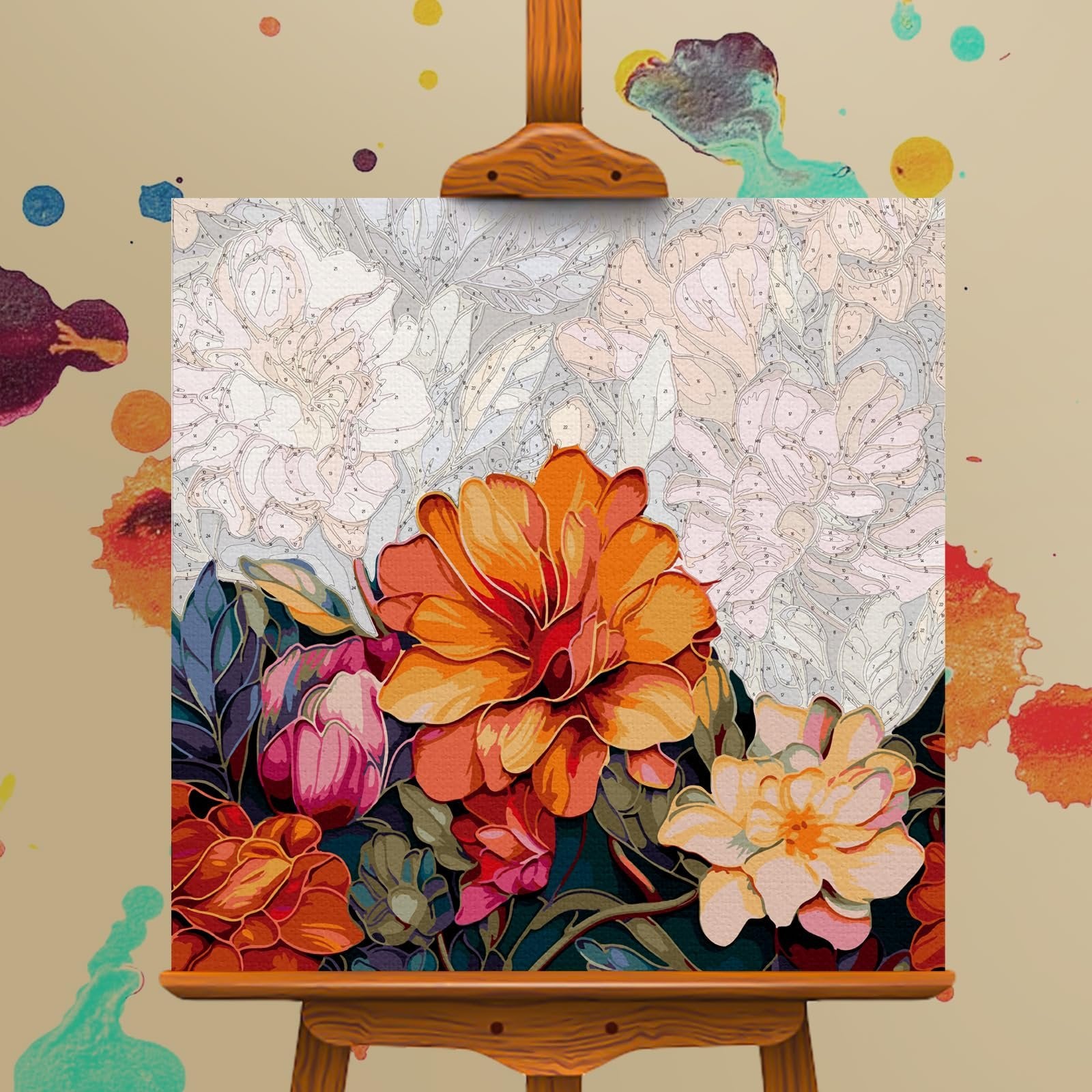Paint by numbers canvas showing a vibrant floral arrangement with orange, pink, and yellow flowers on a wooden easel.