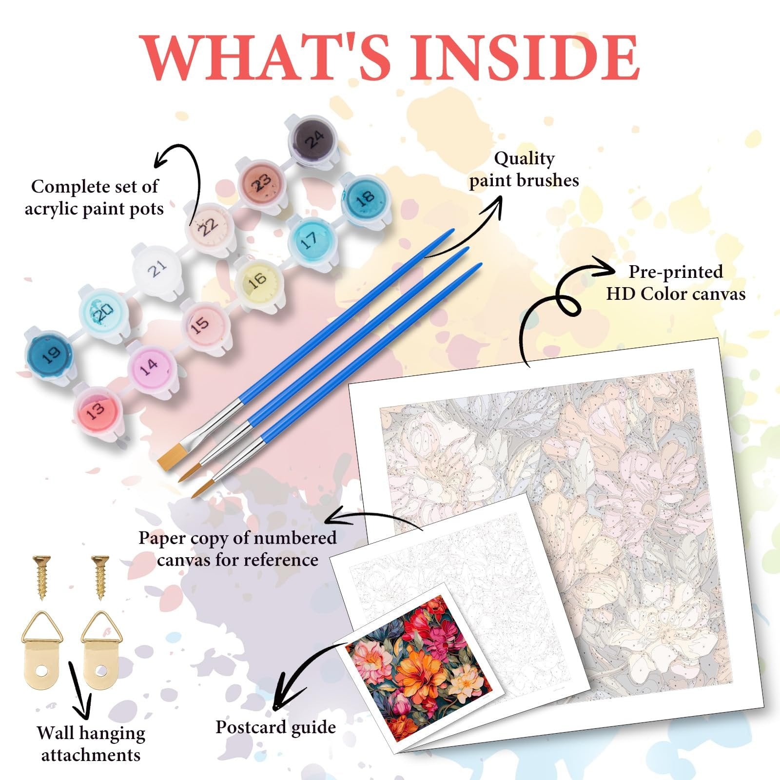 Paint by numbers kit contents including acrylic paint pots, brushes, canvas, reference guides, and wall hanging attachments.