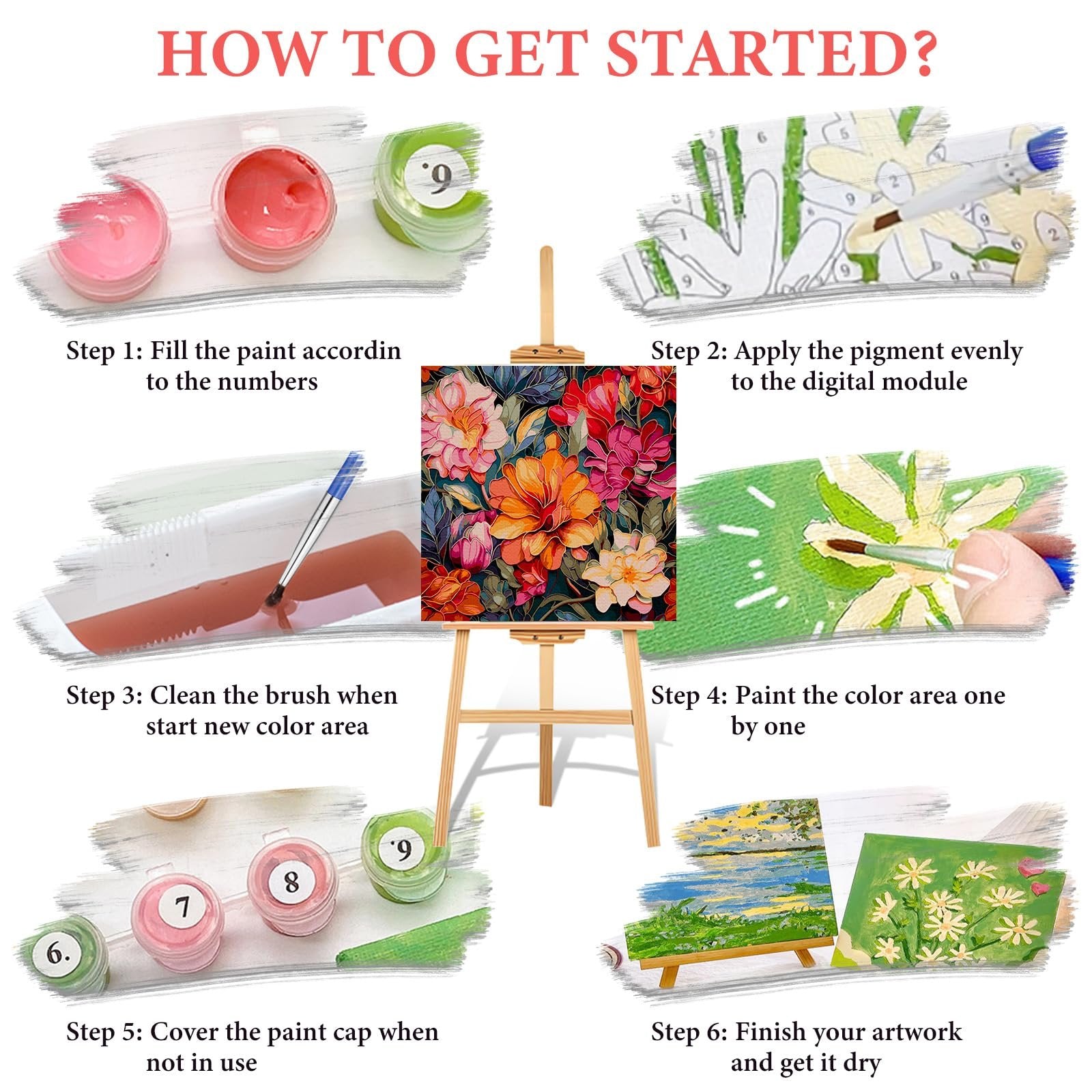 Paint by numbers kit instructions showing 6 steps with illustrations of paint pots, brushes, and canvas.