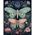 Two stylized butterflies, one teal and one pink, surrounded by dark foliage and flowers.