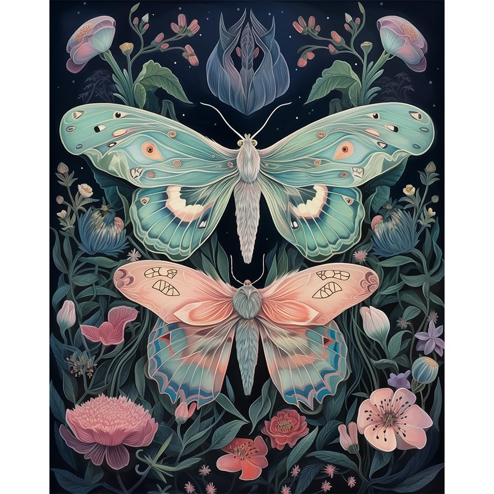 Two stylized butterflies, one teal and one pink, surrounded by dark foliage and flowers.