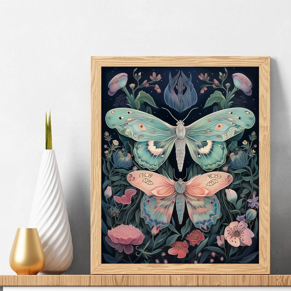 Paint by numbers canvas featuring two butterflies surrounded by flowers and foliage, framed in wood.