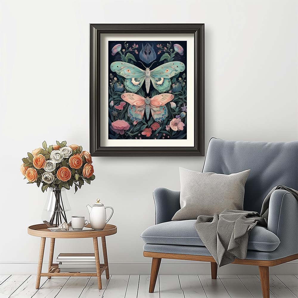 Framed paint by numbers artwork featuring two butterflies surrounded by flowers, displayed above a chair.