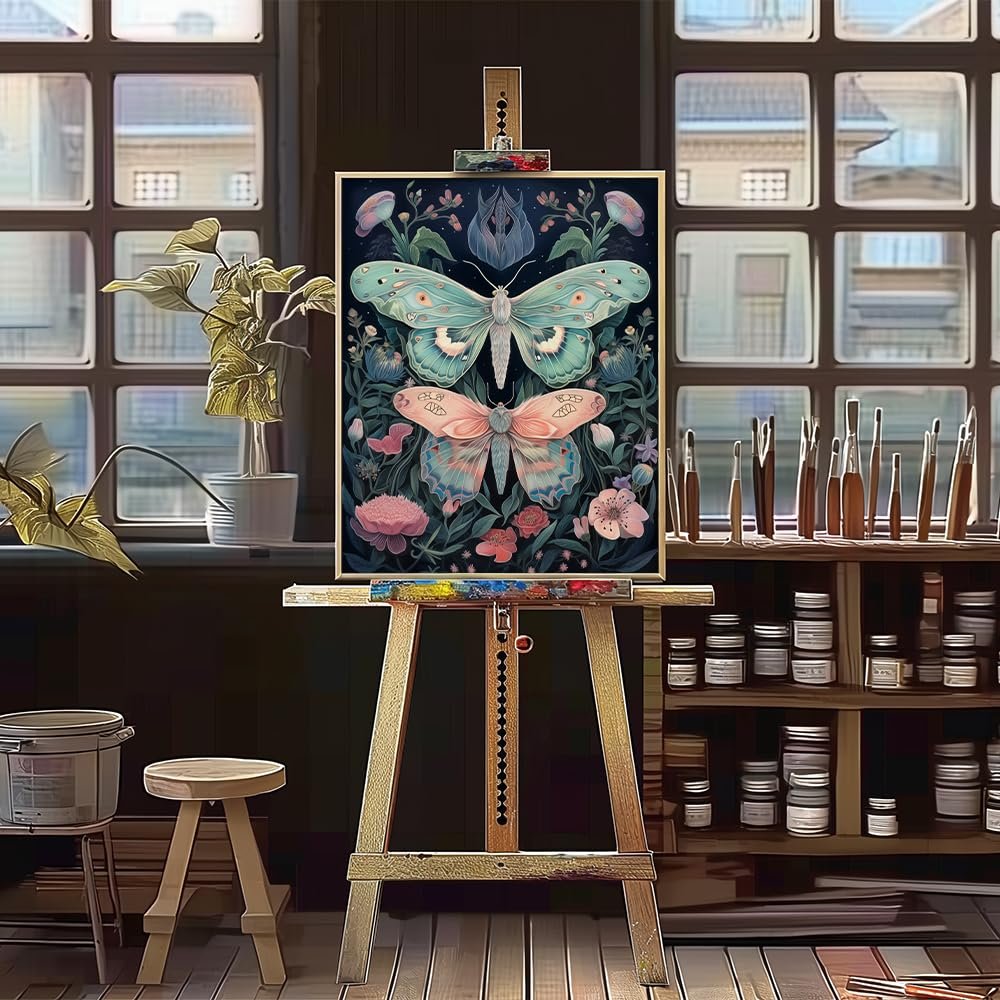 Paint by numbers canvas featuring two butterflies and floral elements displayed on an easel in an art studio setting.