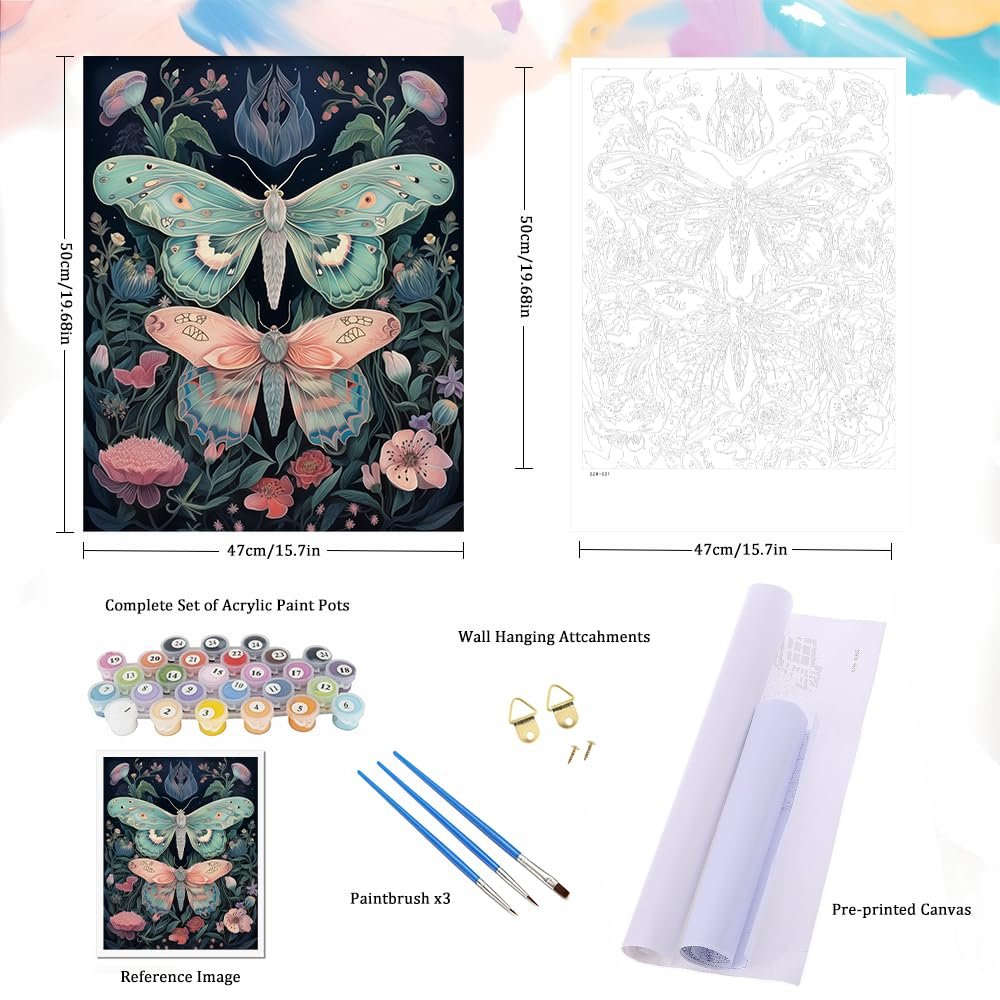 Paint by numbers kit showing butterflies and flowers, with paint pots, brushes, and canvas.